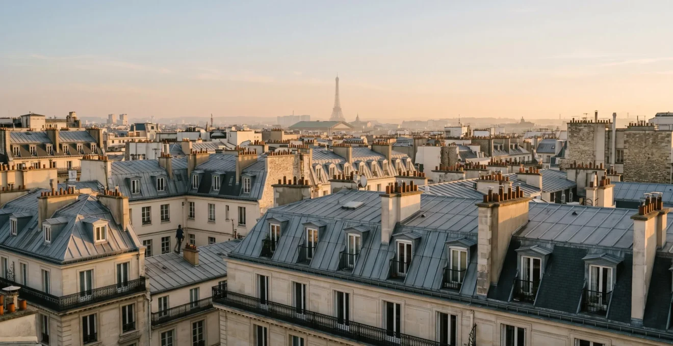 Perspective architecturale sur les toits parisiens haussmanniens avec immeubles de prestige