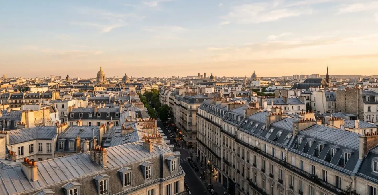 Vue panoramique d'immeubles haussmanniens parisiens symbolisant le patrimoine immobilier en période de crise