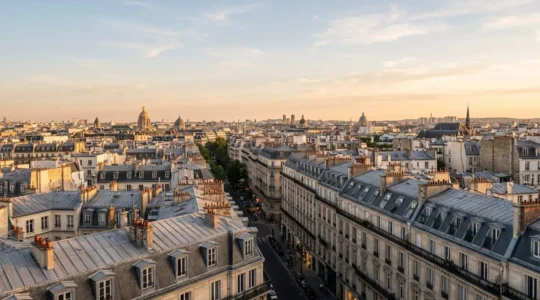 Vue panoramique d'immeubles haussmanniens parisiens symbolisant le patrimoine immobilier en période de crise