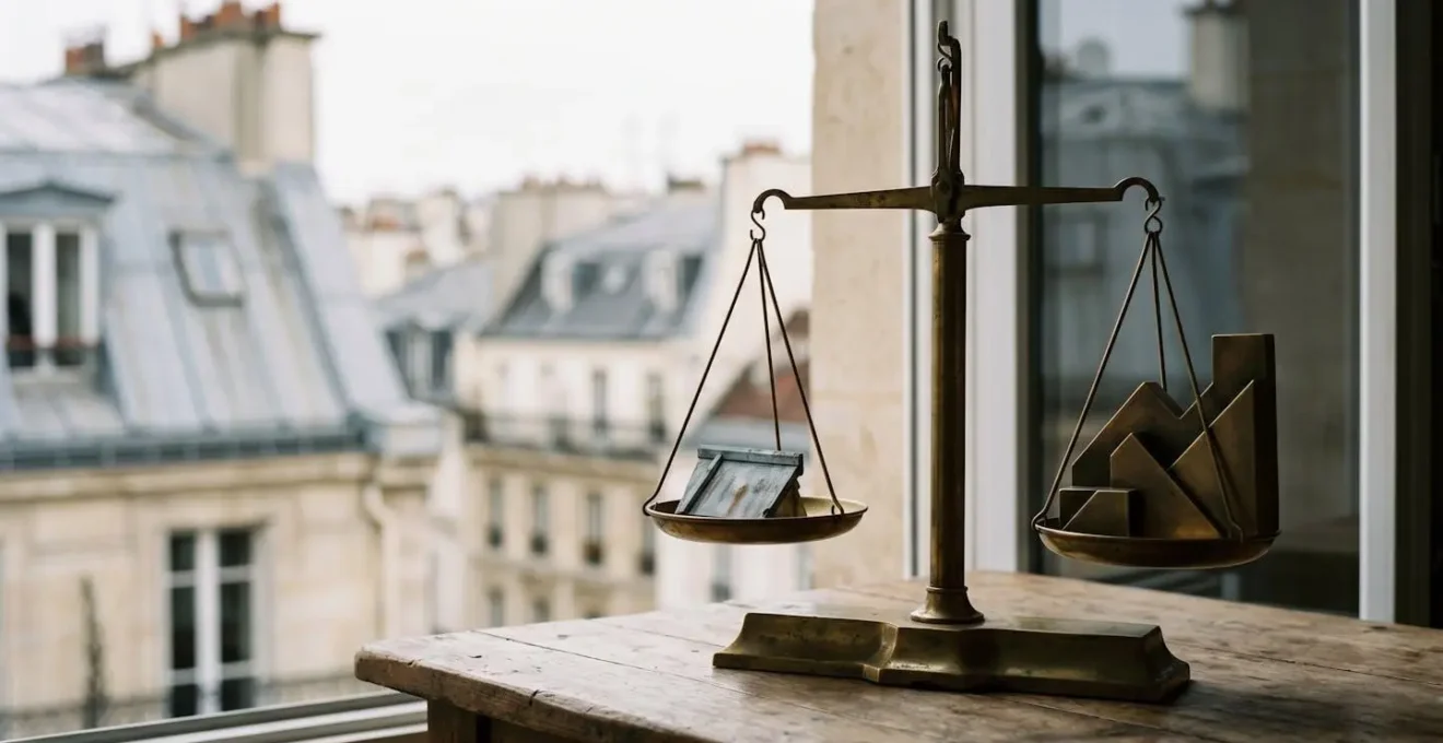Composition visuelle représentant un équilibre entre rendement et sécurité dans l'investissement immobilier parisien