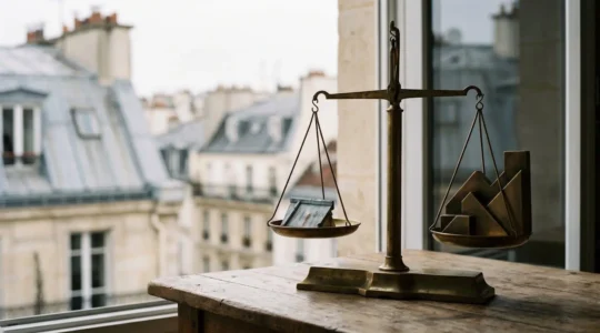 Composition visuelle représentant un équilibre entre rendement et sécurité dans l'investissement immobilier parisien
