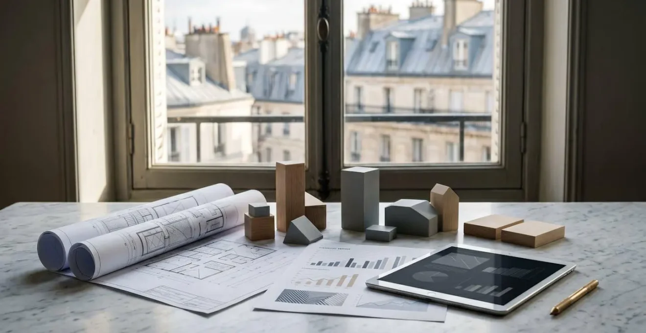 Représentation conceptuelle d'une stratégie d'investissement immobilier avec documents financiers et architecture parisienne en arrière-plan