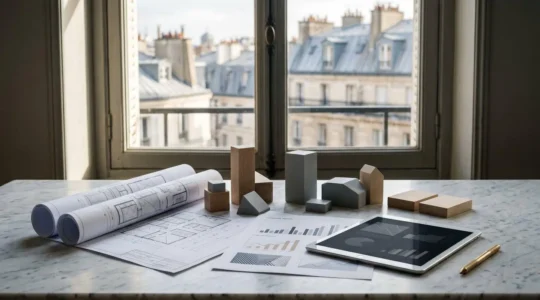 Représentation conceptuelle d'une stratégie d'investissement immobilier avec documents financiers et architecture parisienne en arrière-plan