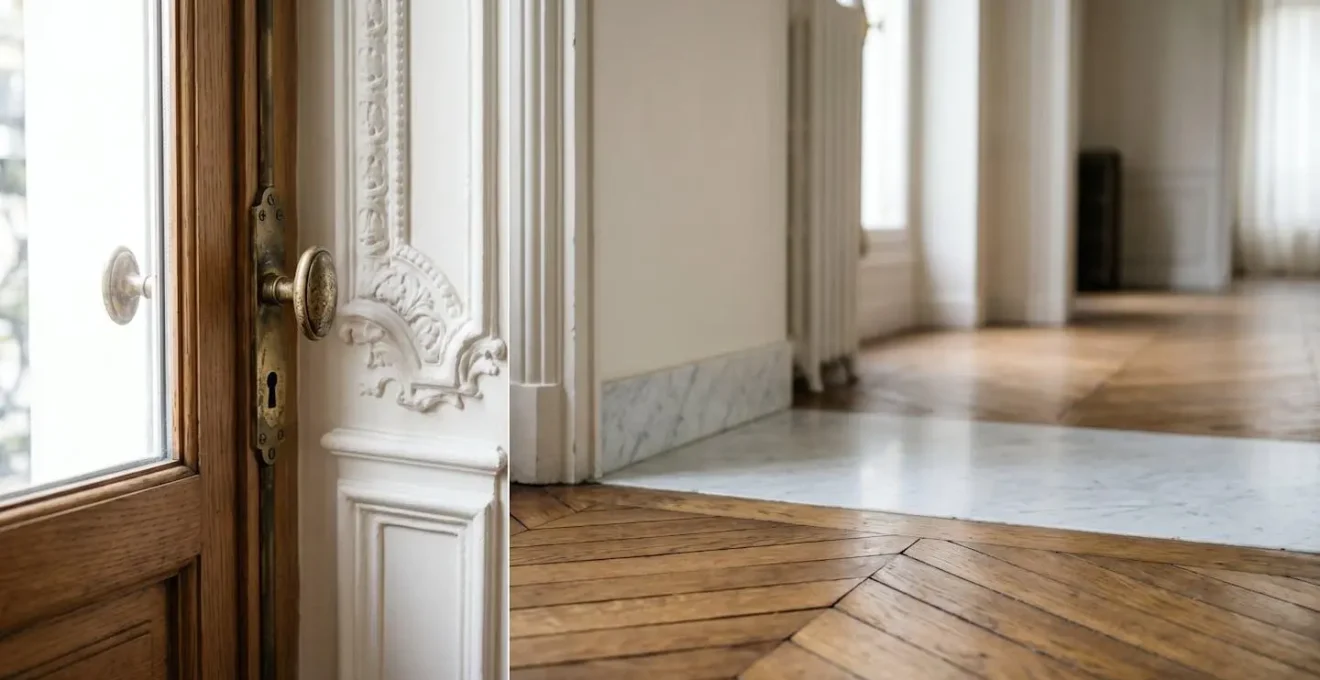Détails architecturaux raffinés d'un appartement parisien de prestige illustrant l'excellence des matériaux nobles