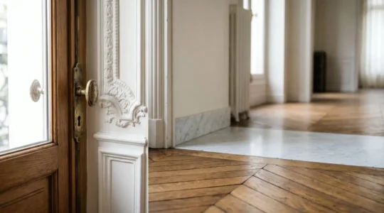 Détails architecturaux raffinés d'un appartement parisien de prestige illustrant l'excellence des matériaux nobles