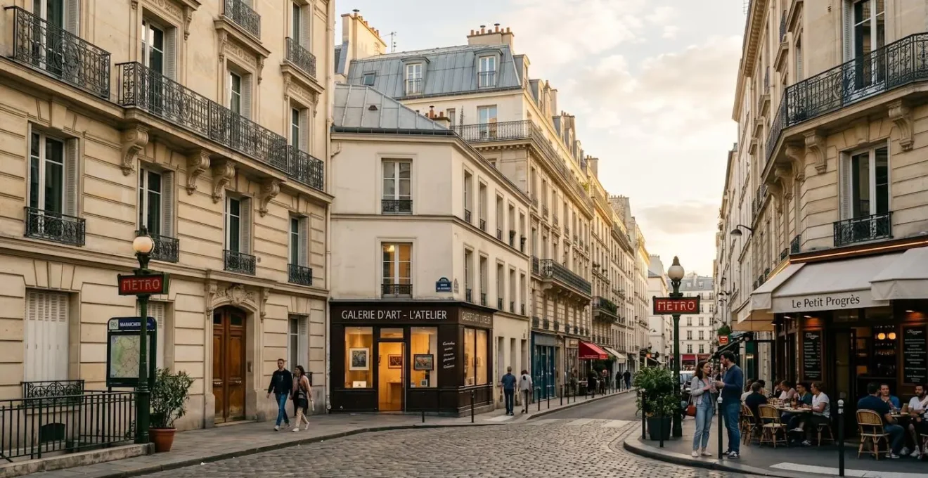 Vue urbaine d'un quartier parisien culturel avec architecture historique et ambiance vivante