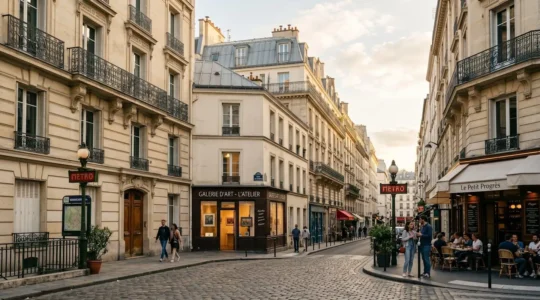 Vue urbaine d'un quartier parisien culturel avec architecture historique et ambiance vivante