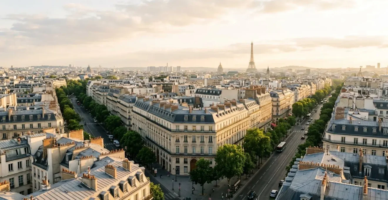 Vue panoramique des arrondissements prestigieux parisiens illustrant l'architecture haussmannienne et l'élégance urbaine pour l'investissement immobilier de luxe