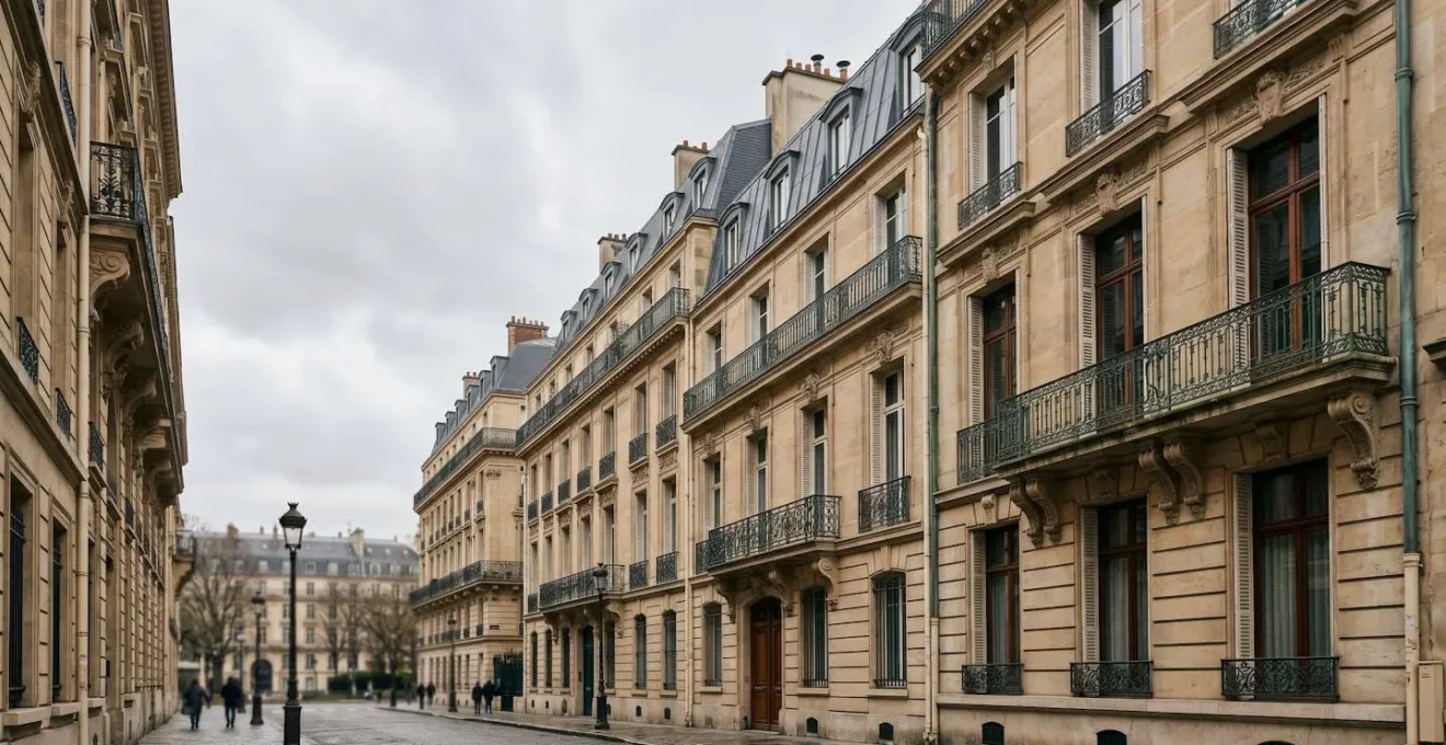 Façade haussmannienne parisienne avec balcons en fer forgé et toiture en zinc sous un ciel nuageux