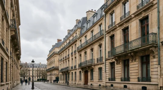 Façade haussmannienne parisienne avec balcons en fer forgé et toiture en zinc sous un ciel nuageux