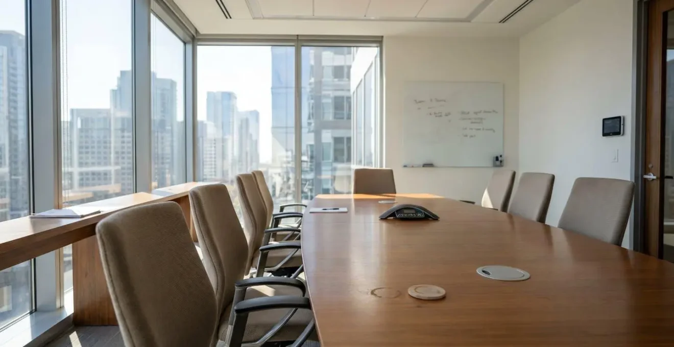Salle de réunion moderne vide avec chaises vacantes autour d'une table dans un environnement d'entreprise contemporain