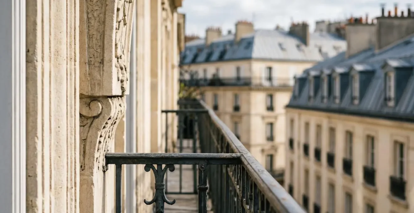 Scène évoquant la sécurisation d'un achat immobilier avec des éléments architecturaux parisiens