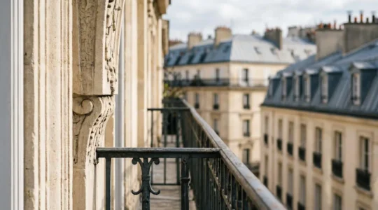 Scène évoquant la sécurisation d'un achat immobilier avec des éléments architecturaux parisiens