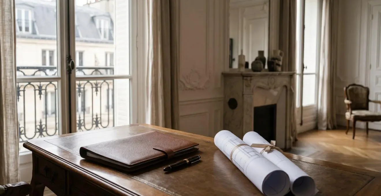 Scène éditoriale évoquant l'univers de l'immobilier de prestige parisien avec élégance et discrétion
