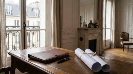 Scène éditoriale évoquant l'univers de l'immobilier de prestige parisien avec élégance et discrétion